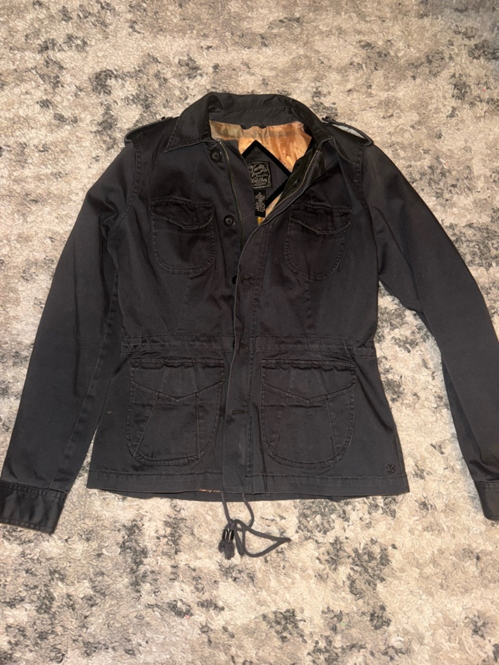 Lucky Brand Black Utility Jacket with Embroidered Crane Motif - Picture 2 of 5